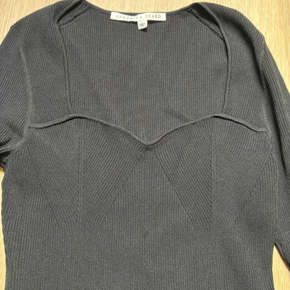 Veronica Beard Sweetheart Ribbed Knit Top Black Textured Long Sleeve - Picture 5 of 6